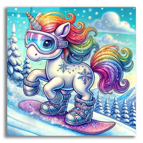 Epic Art 'Unicorn On Snowboard' by Rey Klimt Acrylic Glass Wall Art, 12" x 12"