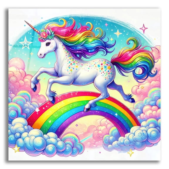 Epic Art 'Unicorn Over Rainbow' by Rey Klimt Acrylic Glass Wall Art, 12" x 12"