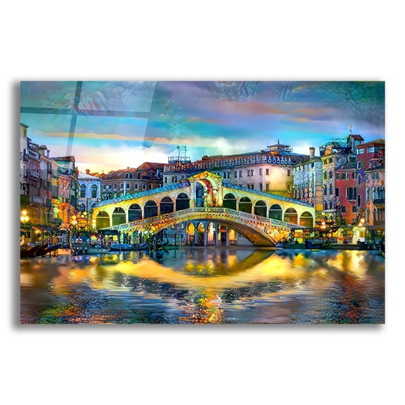 Epic Art 'Venice Italy Rialto Bridge at night' by Pedro Gavidia, Acrylic Glass Wall Art, 16"x12"