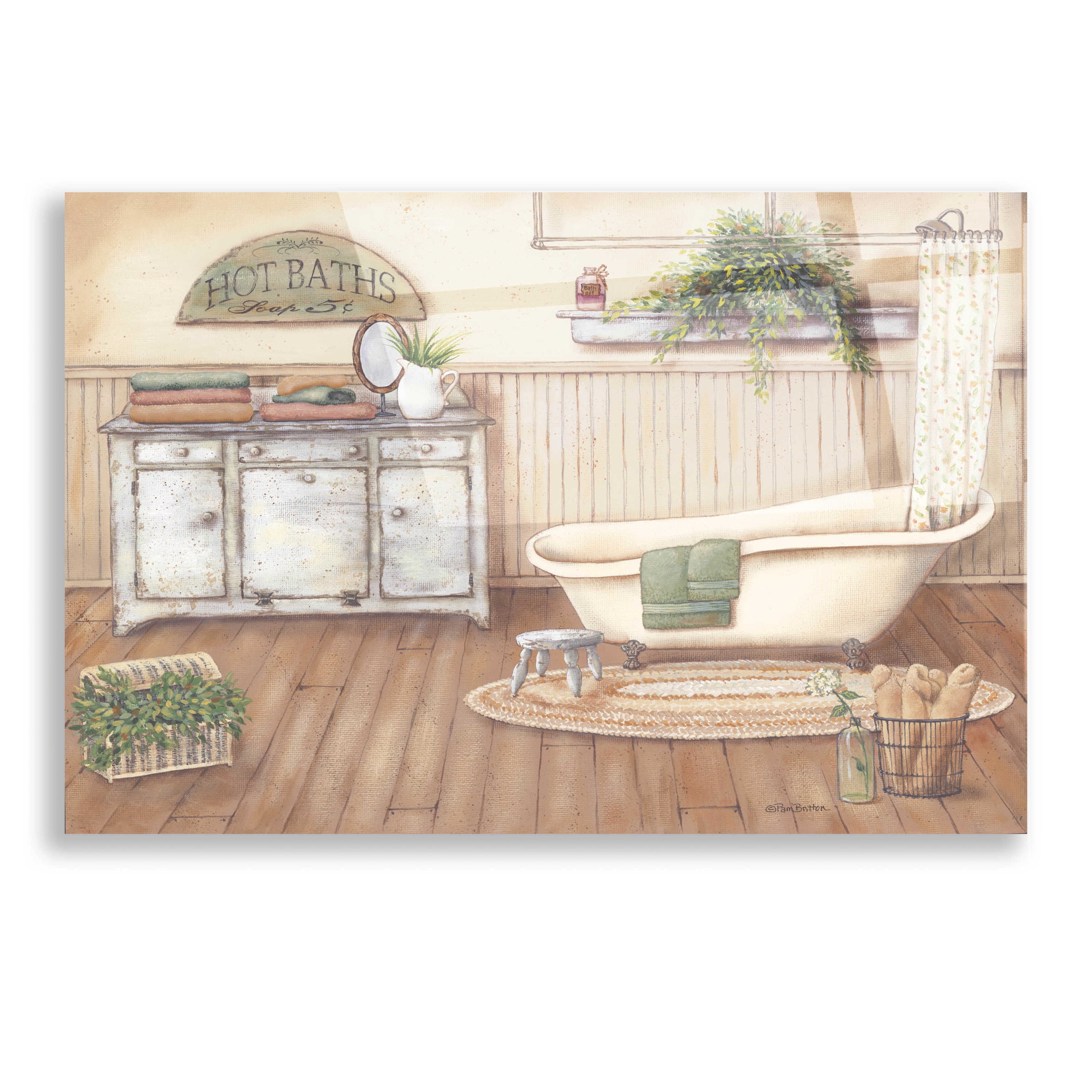 Vintage Bath Scene Beige and Green Canvas Print