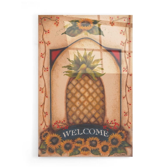 Epic Art 'Welcome Pineapple & Sunflowers' by Pam Britton, Acrylic Glass Wall Art, 16"x24"