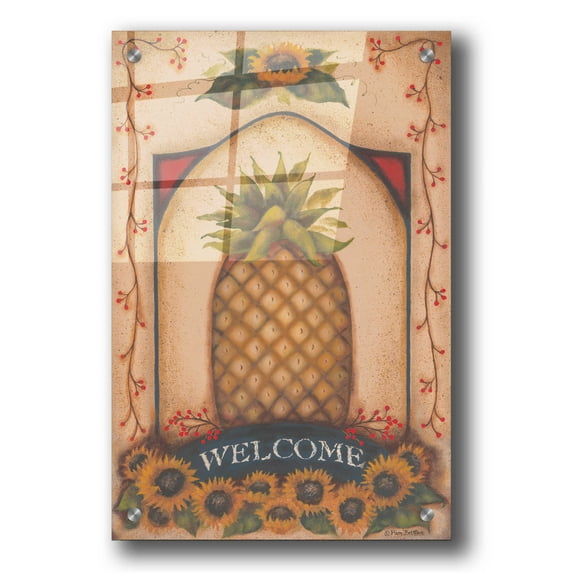 Epic Art 'Welcome Pineapple & Sunflowers' by Pam Britton, Acrylic Glass Wall Art, 24"x36"
