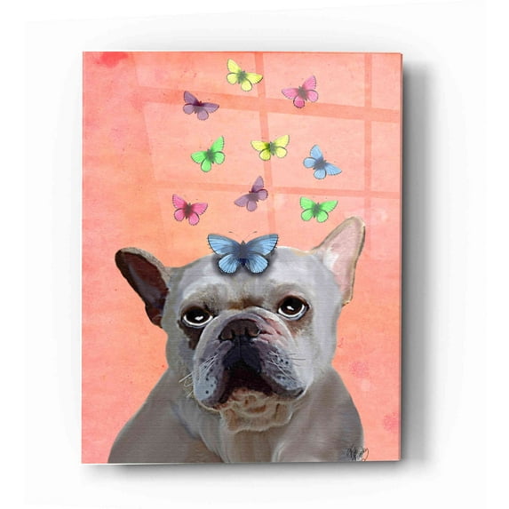 Epic Art 'White French Bulldog and Butterflies' by Fab Funky Acrylic Glass Wall Art, 12"x16"