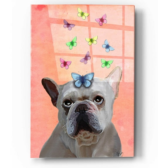 Epic Art 'White French Bulldog and Butterflies' by Fab Funky, Acrylic Glass Wall Art, 12"x16"