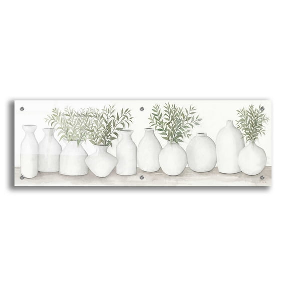 Epic Art 'White Vases Still Life' by Cindy Jacobs, Acrylic Glass Wall Art, 36"x12"