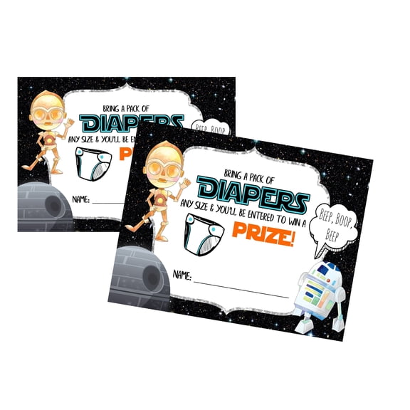 Epic Baby Shower From A Galaxy Far Far Away, Diaper Raffle Card Supply Droid Robot Movie Character Themed hemed