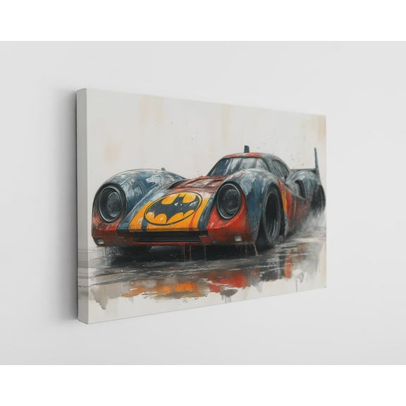 Epic Bat Man Race Car Canvas Print - Vibrant Watercolor Superhero Wall Art - High-Quality Handcrafted Decor - Ready-to-Hang or Rolled Options