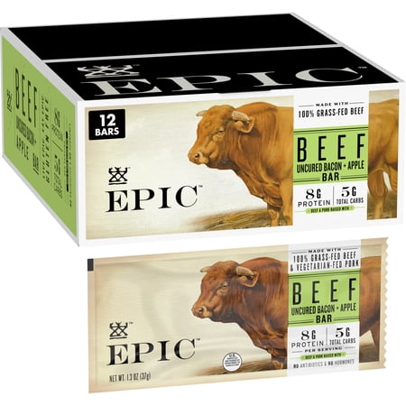 EPIC Beef Uncured Bacon Apple Bars, Whole 30, Paleo Friendly, Protein Bar, 12 Count, 15.6 oz