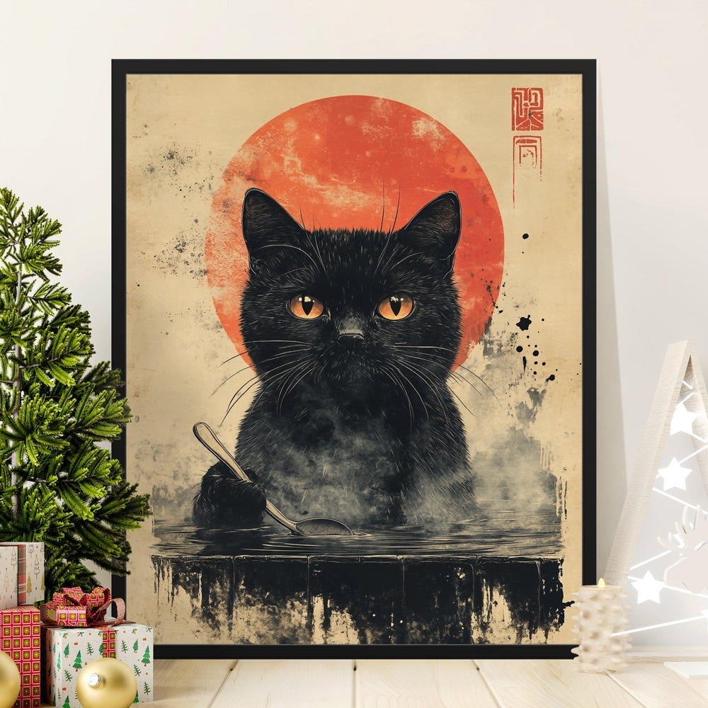 Epic Black Cat Poster With Red Moon, Unique Cat Art Print, Japanese Style Wall Art, Cat Lover