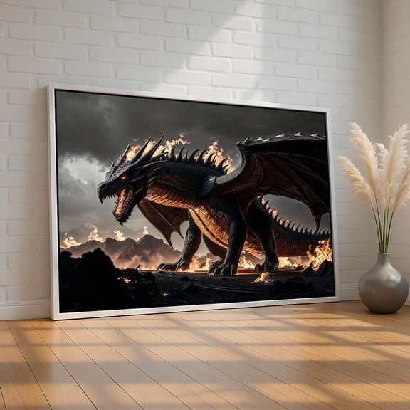 Epic Black Dragon Wall Art | Fire-Breathing Fantasy Beast Canvas | Dark Mythical Creature Poster For Gamers & Geeks | Ready To Hang, Unframed Poster Size 16x24