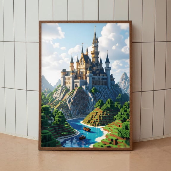 Epic Block Castle Landscape Poster Print – Fantasy Mountain Kingdom Wall Art 8x12 UNFRAMED