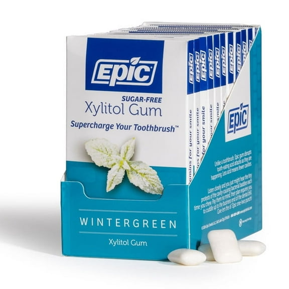 Epic Xylitol Chewing Gum - Sugar Free & Aspartame Free Chewing Gum Sweetened w/Xylitol for Dry Mouth & Gum Health (Wintergreen, 12-Piece Pack, 12 Packs)