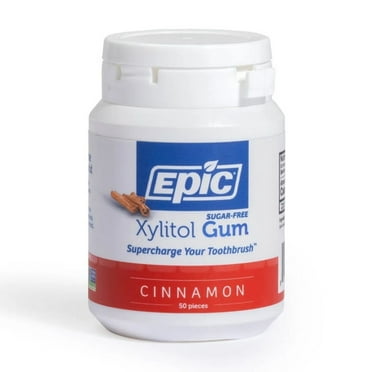 Epic Xylitol Chewing Gum - Sugar Free & Aspartame Free Chewing Gum Sweetened w/Xylitol for Dry Mouth & Gum Health (Cinnamon, 50-Piece Bottle)