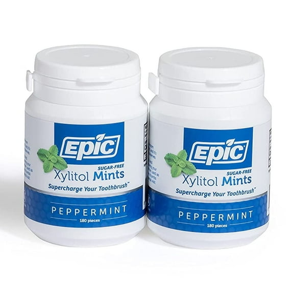 Epic Xylitol Mints - Sugar Free & Aspartame Free Mints Sweetened w/Xylitol for Dry Mouth & Gum Health (Peppermint, 180-Piece Bottle, 2 Bottles)