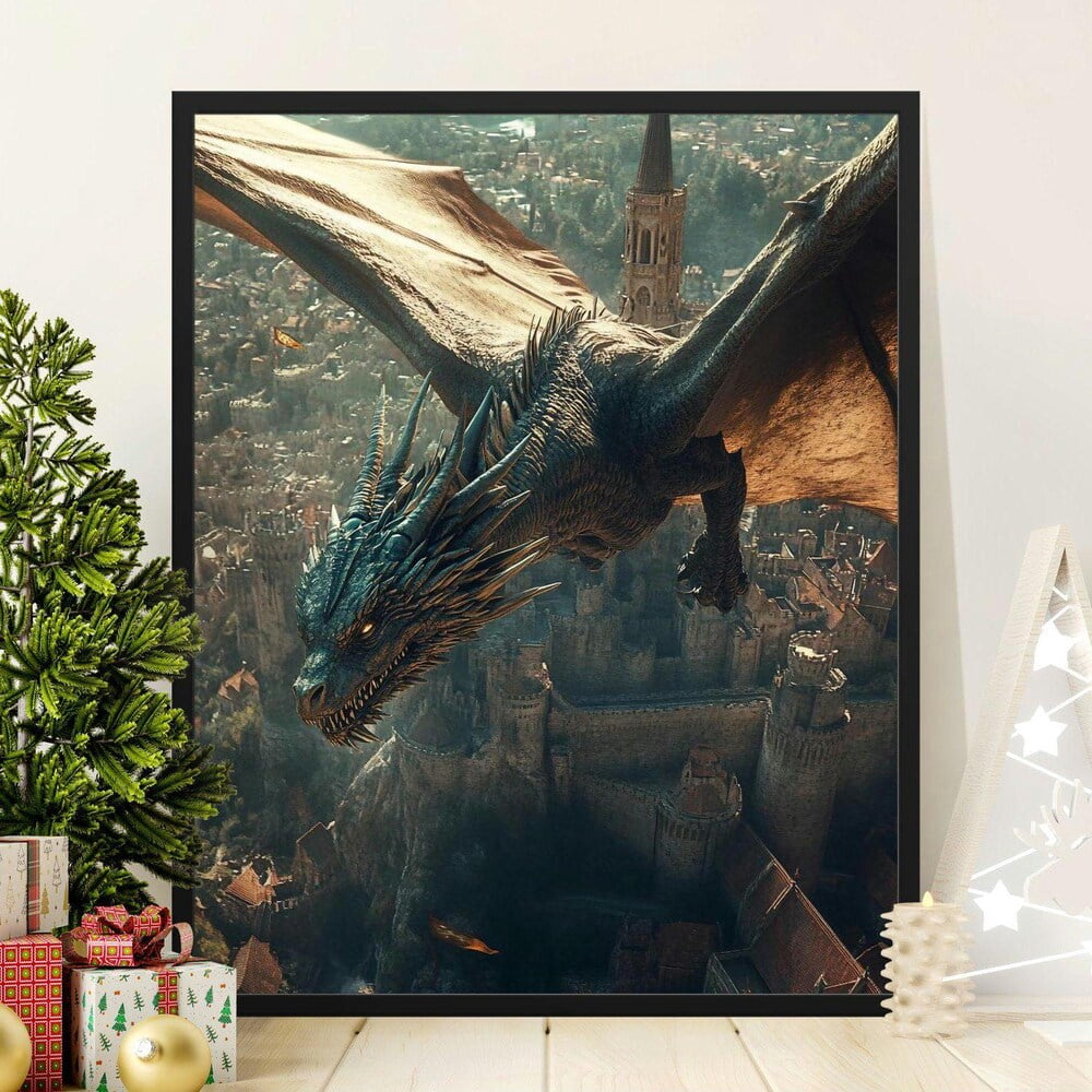 Epic Dragon Flying Over Medieval City Poster, Fantasy Art Wall Decor ...