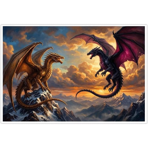 Epic Fantasy Dragon Wall Art Gold and Black Mythical Mountain Battle Poster