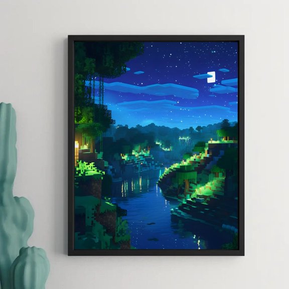 Epic Gaming Room Decor – Minecraft Pixel Landscape Wall Art Poster 16x24 UNFRAMED