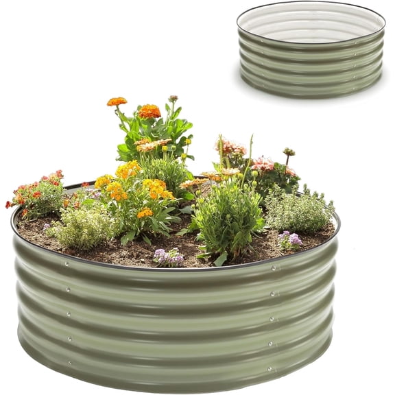 Epic Gardening Round Galvanized Raised Garden Bed Kit, 15" Tall Food-Safe Metal Planter, Mist Green, Outdoor Use