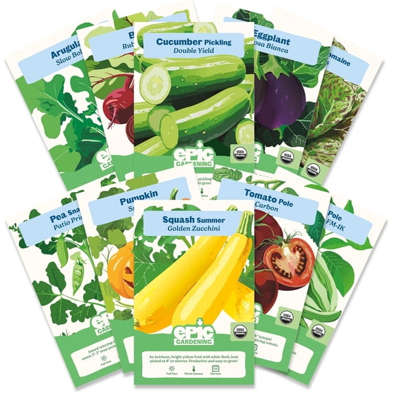 Epic Gardening Organic Vegetable Garden Kit, 10 Non-GMO Varieties, Includes Tomatoes, Squash, Pumpkins, Beans & More, Perfect for Raised Beds