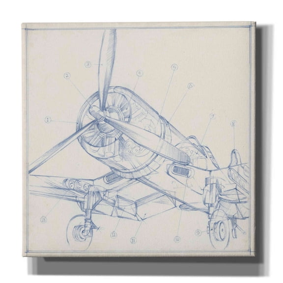 Epic Graffiti "Airplane Mechanical Sketch II" by Ethan Harper, Canvas Wall Art, 12"x12"