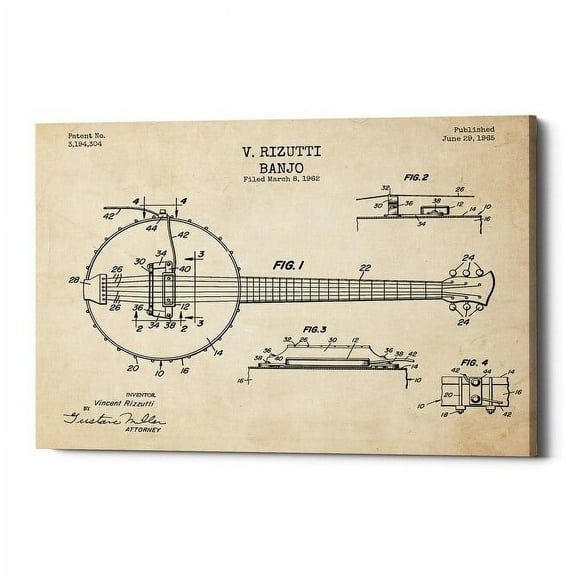 Epic Graffiti  "Banjo Blueprint Patent Parchment" Giclee Canvas Wall Art, 12" x 18" 12" x 18"