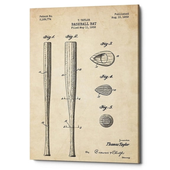Epic Graffiti "Baseball Bat Blueprint Patent Parchment" Giclee Canvas Wall Art, 12" x 18" 26" x 40"