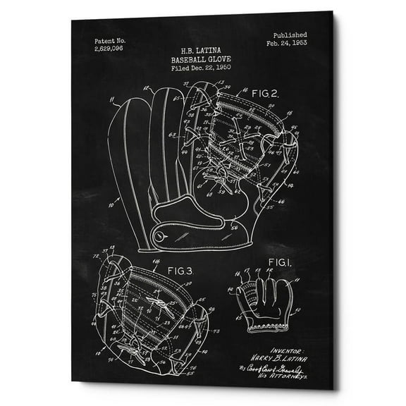 Epic Graffiti  "Baseball Glove Blueprint Patent Chalkboard" Giclee Canvas Wall Art, 12" x 18" 18" x 26"