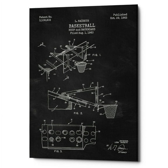Epic Graffiti  "Basketball Hoop and Backboard Blueprint Patent Chalkboard" Giclee Canvas Wall Art, 12" x 18"