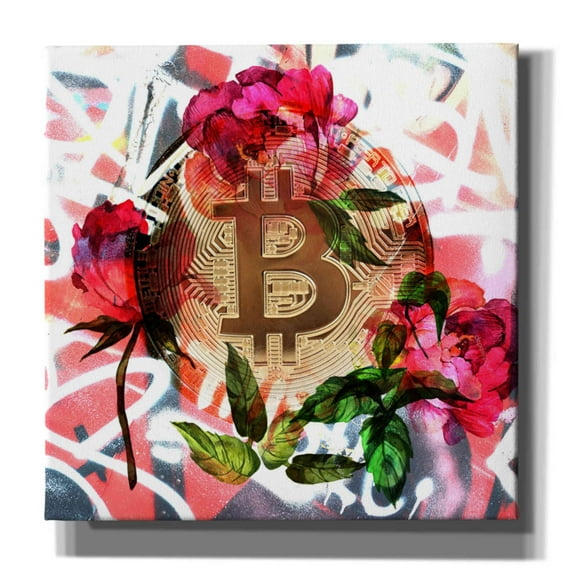 Epic Graffiti 'Bitcoin Floral Inspiration 1' by Irena Orlov Giclee Canvas Wall Art, 26"x26"