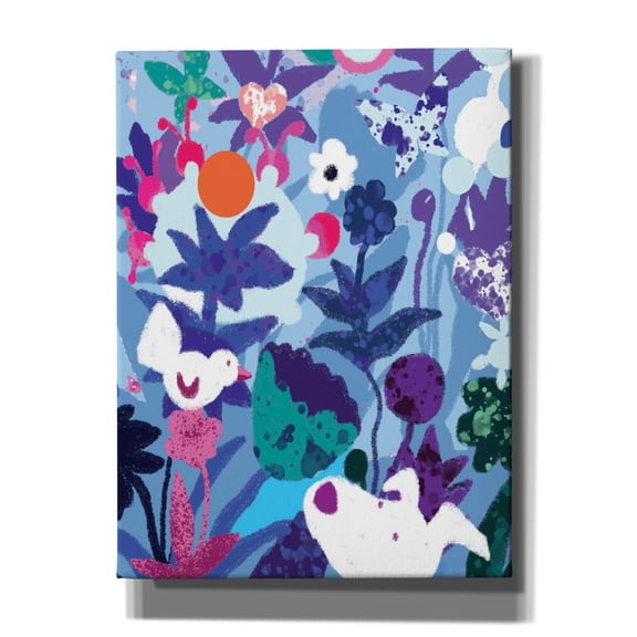 Epic Graffiti 'Blue Floral With Dog And Bird' by Holly McGee, Canvas Wall Art, 12"x16"