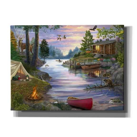 Epic Graffiti 'Cabin Lake' by Bigelow Illustrations, Canvas Wall Art, 16"x12"