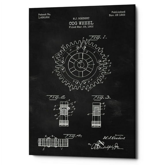 Epic Graffiti "Cog Wheel Blueprint Patent Chalkboard" Giclee Canvas Wall Art, 12" x 18" 26" x 40"