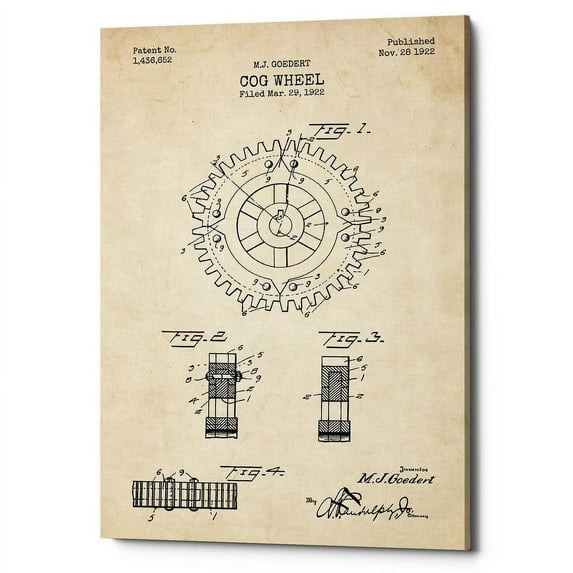 Epic Graffiti "Cog Wheel Blueprint Patent Parchment" Giclee Canvas Wall Art, 12" x 18" 18" x 26"