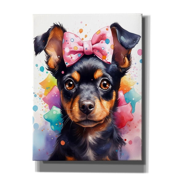 Epic Graffiti 'Cute Dog With Pink Watercolor Bow' by Momart Canvas Wall Art, 12" x 16"