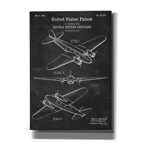 Epic Graffiti "Double Decker Airplane Blueprint Patent Chalkboard" Giclee Canvas Wall Art, 18"x26"