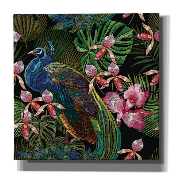 Epic Graffiti 'Embroidery Peacock Exotic Tropical Flower' by Epic Portfolio, Canvas Wall Art, 37"x37"