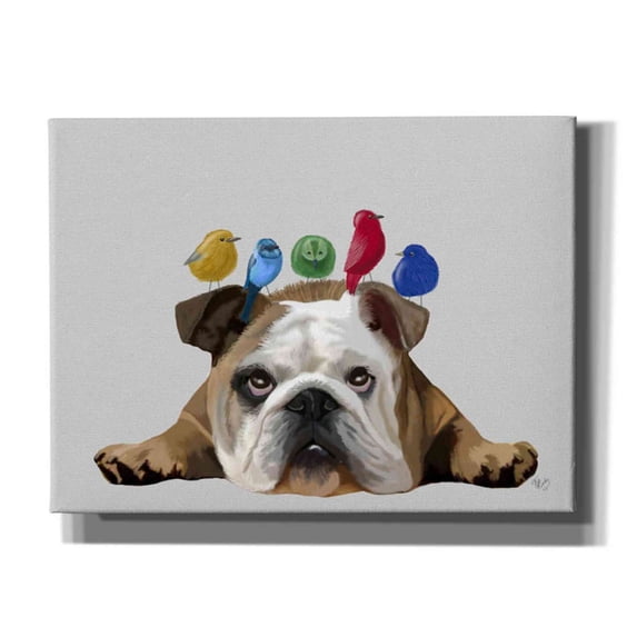 Epic Graffiti 'English Bulldog and Birds' by Fab Funky Canvas Wall Art, 16"x12"