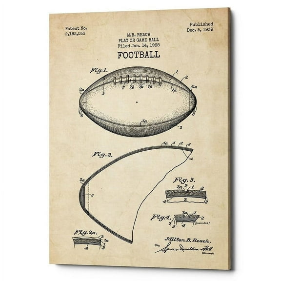 Epic Graffiti  "Football Blueprint Patent Parchment" Giclee Canvas Wall Art, 12" x 18"