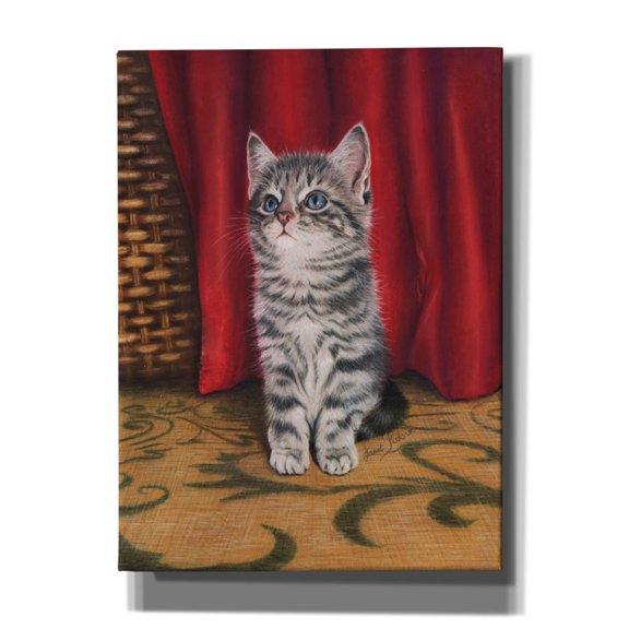 Epic Graffiti 'Grey Kitten And Red Curtain' by Janet Pidoux, Canvas Wall Art, 40"x54"