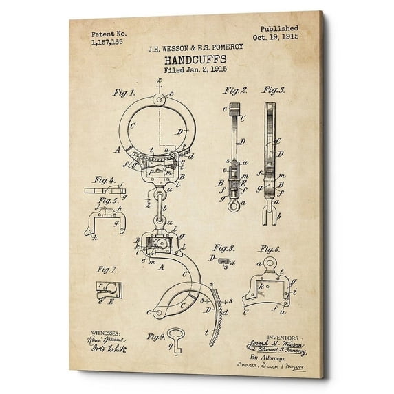 Epic Graffiti "Handcuffs Blueprint Patent Parchment" Giclee Canvas Wall Art, 12" x 18" 26" x 40"