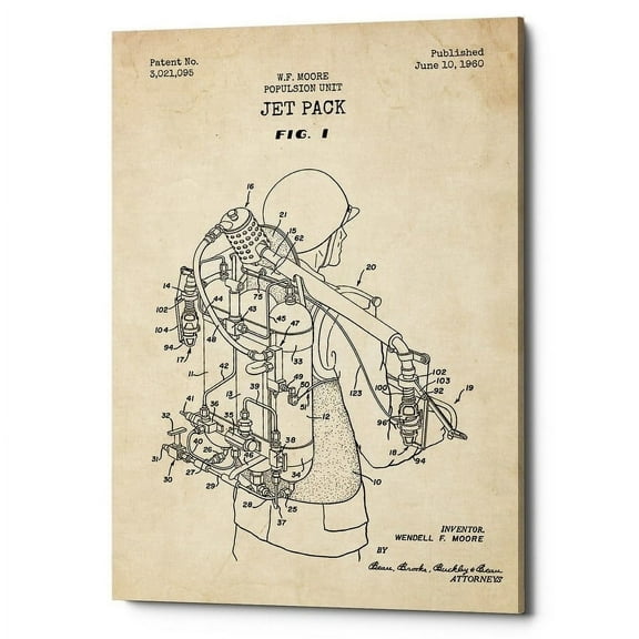 Epic Graffiti  "Jet Pack Blueprint Patent Parchment" Giclee Canvas Wall Art, 12" x 18"