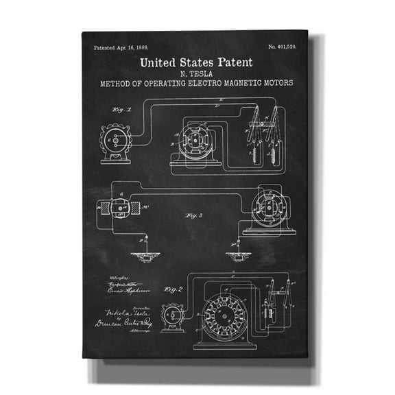 Epic Graffiti "Operating Tesla Motor Blueprint Patent Chalkboard" Giclee Canvas Wall Art, 26"x18"