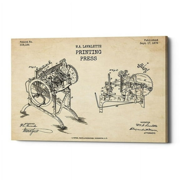 Epic Graffiti  "Printing Press Blueprint Patent Parchment" Giclee Canvas Wall Art, 12" x 18" 12" x 18"