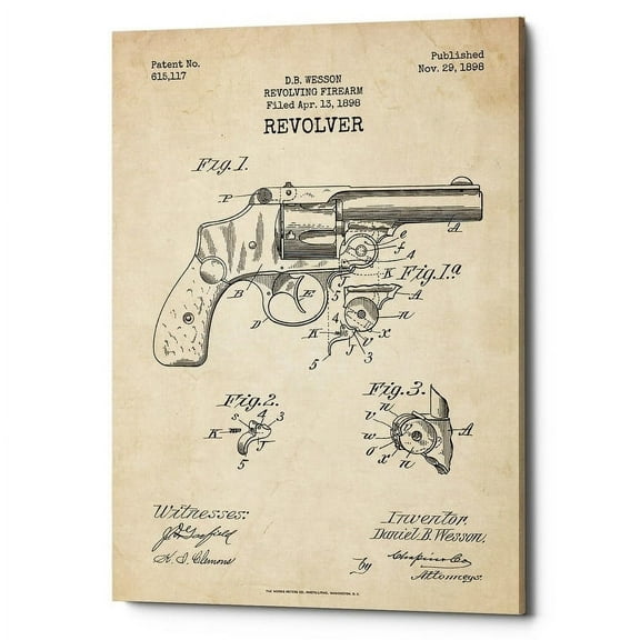 Epic Graffiti  "Revolver Blueprint Patent Parchment" Giclee Canvas Wall Art, 12" x 18"
