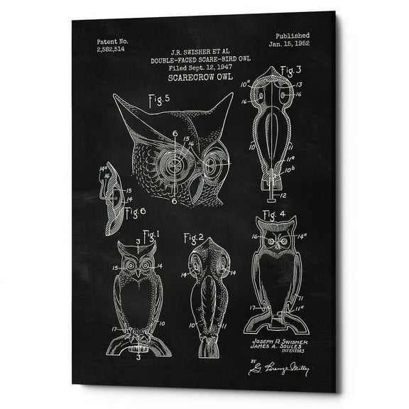 Epic Graffiti  "Scarecrow Owl Blueprint Patent Chalkboard" Giclee Canvas Wall Art, 12" x 18" 12" x 18"