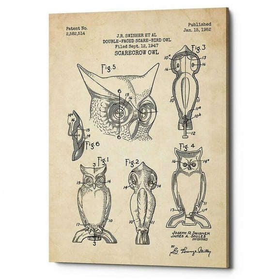 Epic Graffiti  "Scarecrow Owl Blueprint Patent Parchment" Giclee Canvas Wall Art, 12" x 18" 12" x 18"