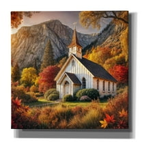 Epic Graffiti 'Small Church In Mountains Fall Foliage' by Rey Klimt Canvas Wall Art, 18" x 18"