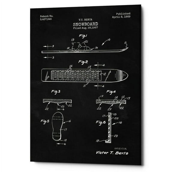 Epic Graffiti "Snowboard, 1969 Blueprint Chalkboard Patent" Giclee Canvas Wall Art, 12"x18"