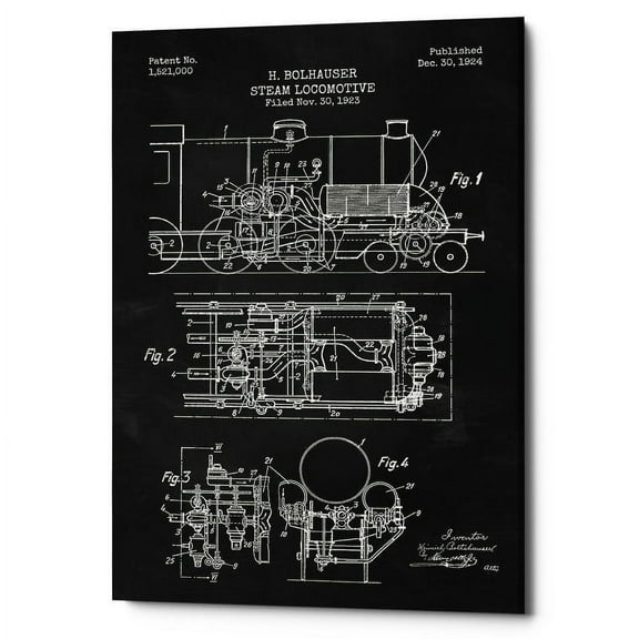 Epic Graffiti  "Steam Locomotive Blueprint Chalkboard Patent" Giclee Canvas Wall Art, 12"x18" 12" x 18"