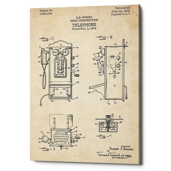 Epic Graffiti "Telephone, 1959 Blueprint Patent Parchment" Giclee Canvas Wall Art, 12" x 18" 26" x 40"